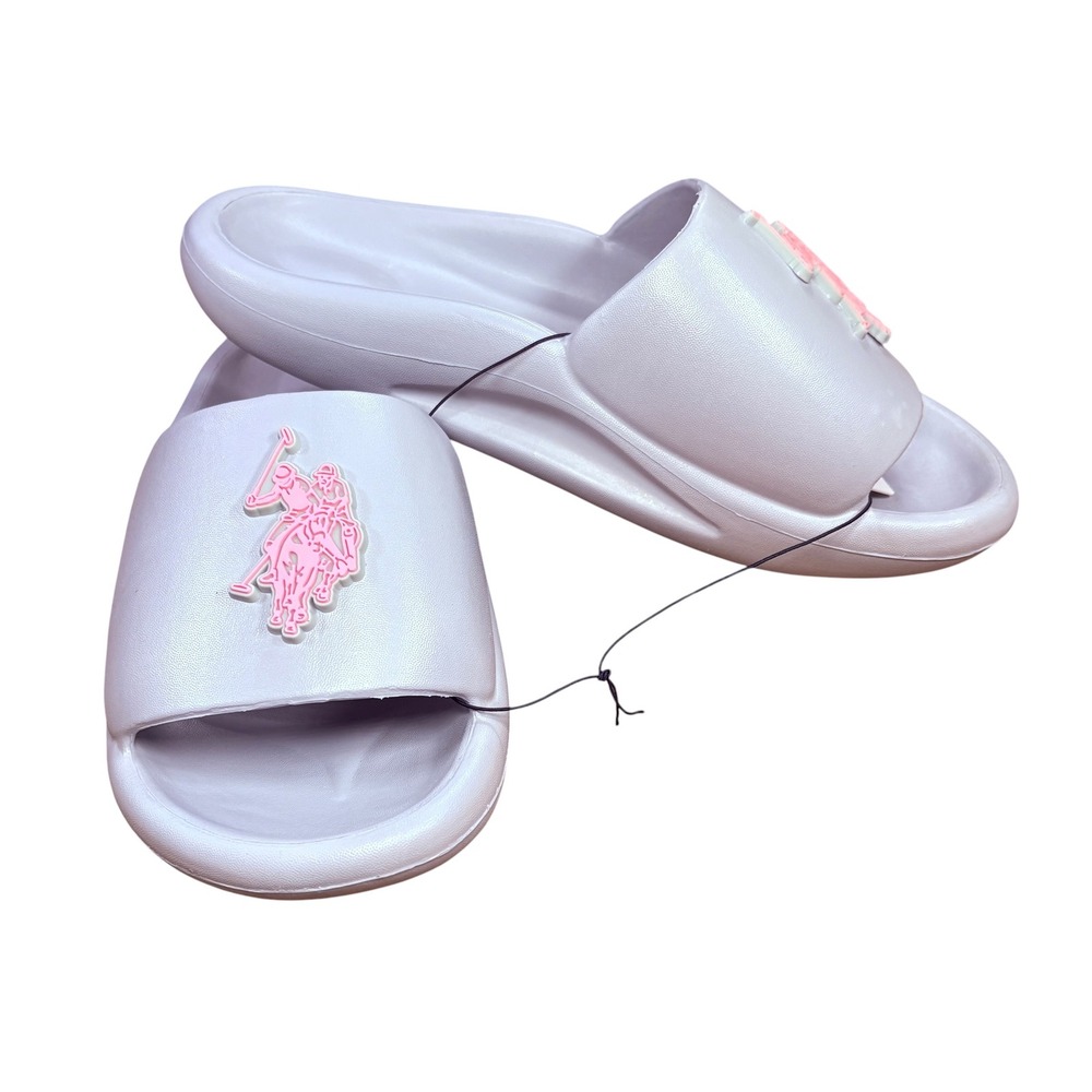 US Polo Assn NWT Women's Comfort‎ Slides Light Grey With Pink Logo Sandals 9-10